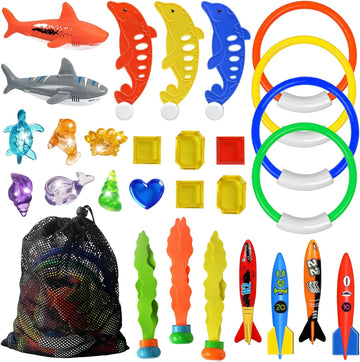 Jasonwell Pool Diving Toys Games - 25PCS Swimming Pool Toys with Dive Sticks and Rings Underwater Treasures Torpedo Bandits Fish Toys etc Fun Water Swim Toys for Boys Girls Adults Kids Teens - Jasonwell